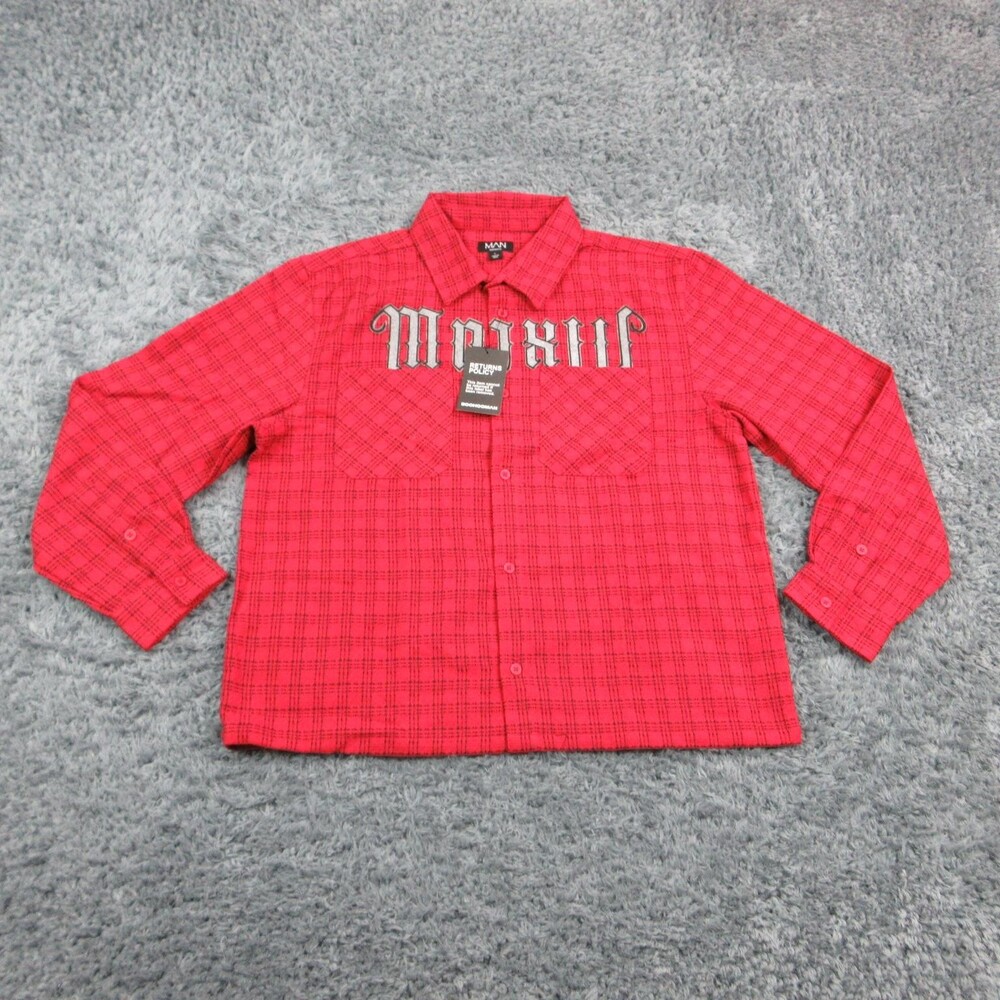 BoohooMAN Shirt Mens L Red Tall Oversized Microcheck Applique Long Sleeve NWT